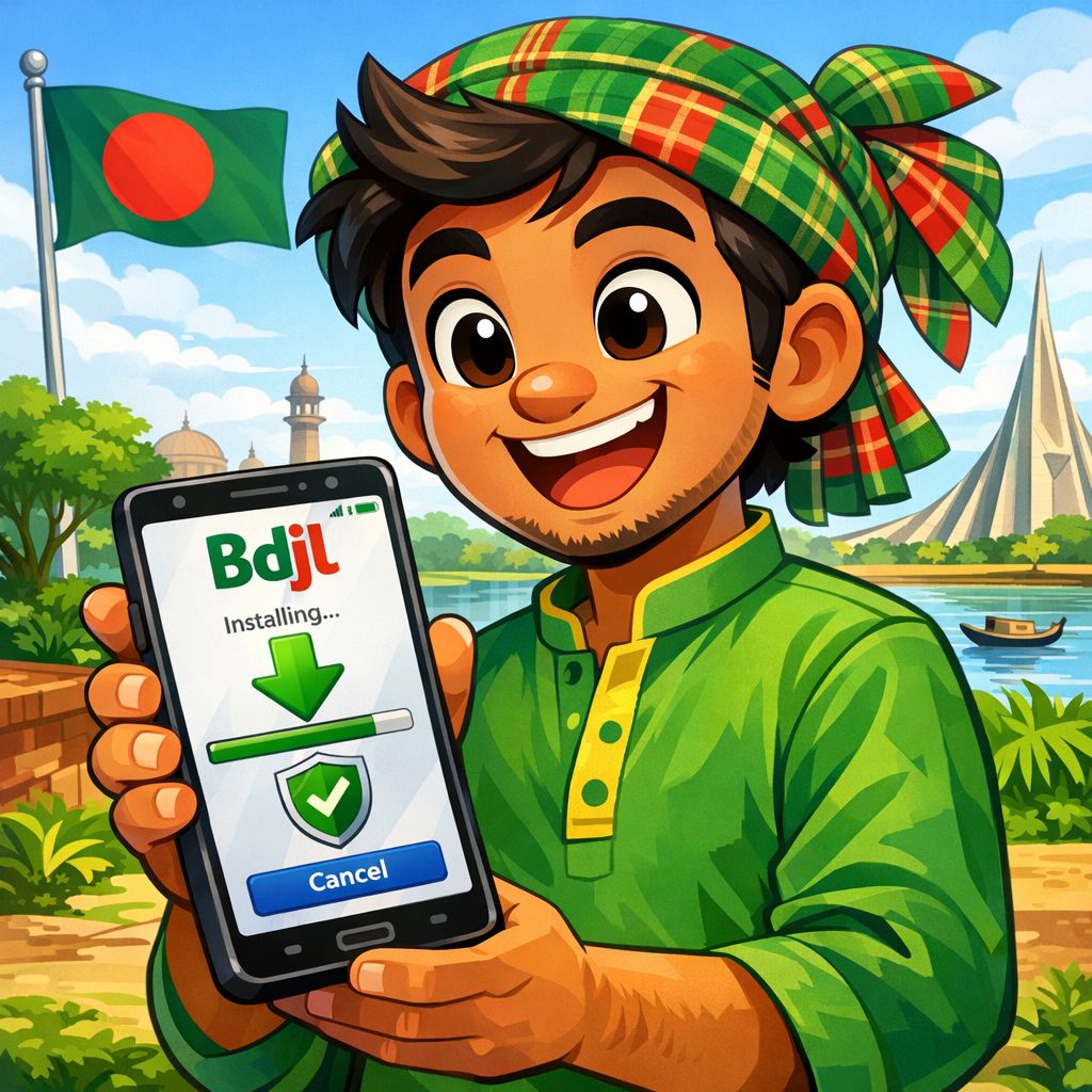 Cartoon mobile user installing Bdjl app with download screen and shield icon