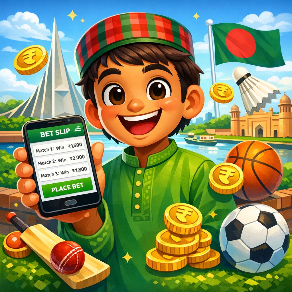 Bdjl bet কার্টুন চরিত্র একটি টিকিট এবং ফোন ধরে আছে কয়েন এবং ম্যাচ আইকনসহ