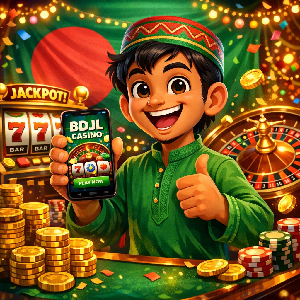 Bdjl casino themed cartoon characters with coins, cards, and a roulette wheel