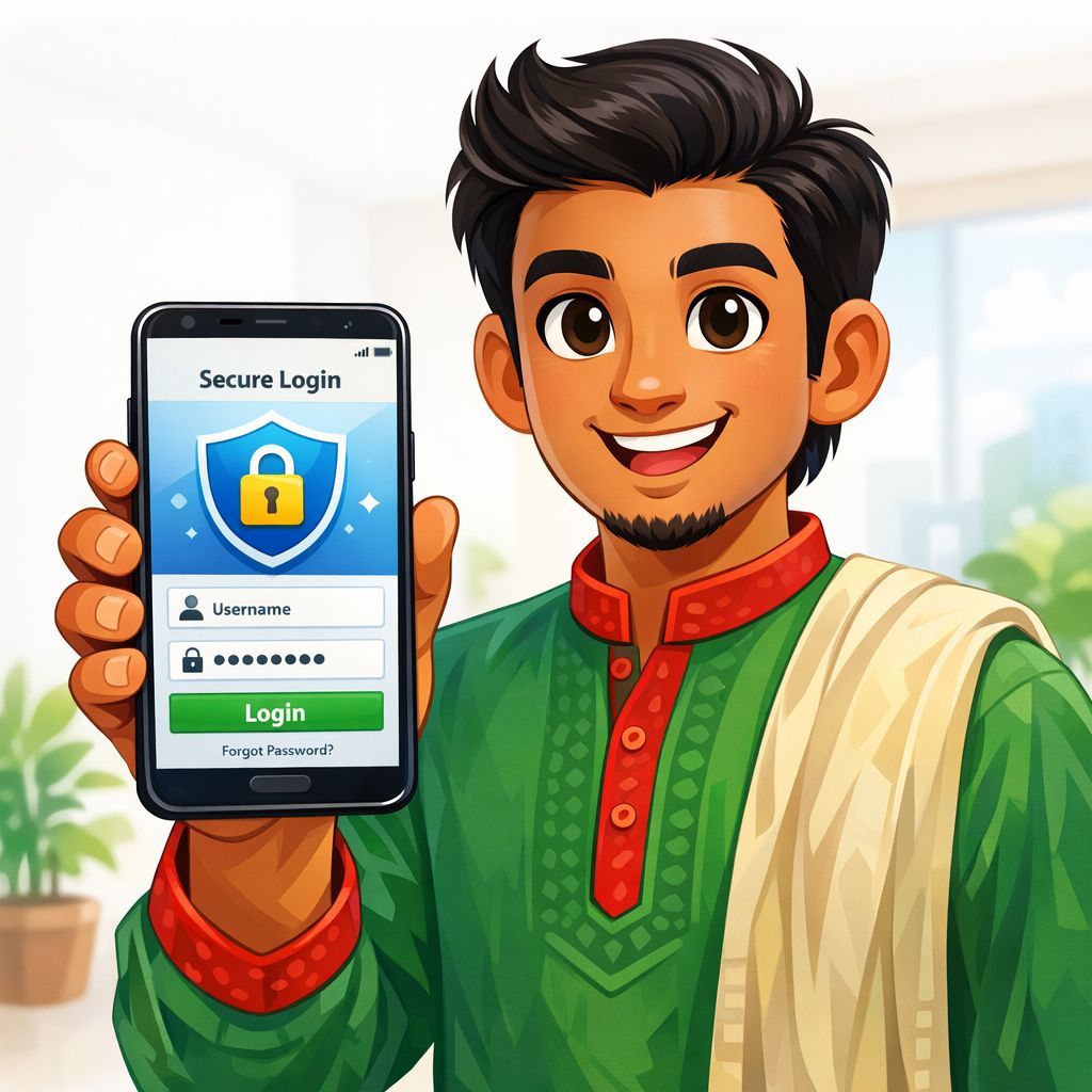 Cartoon character holding a phone with a secure login screen and shield icon